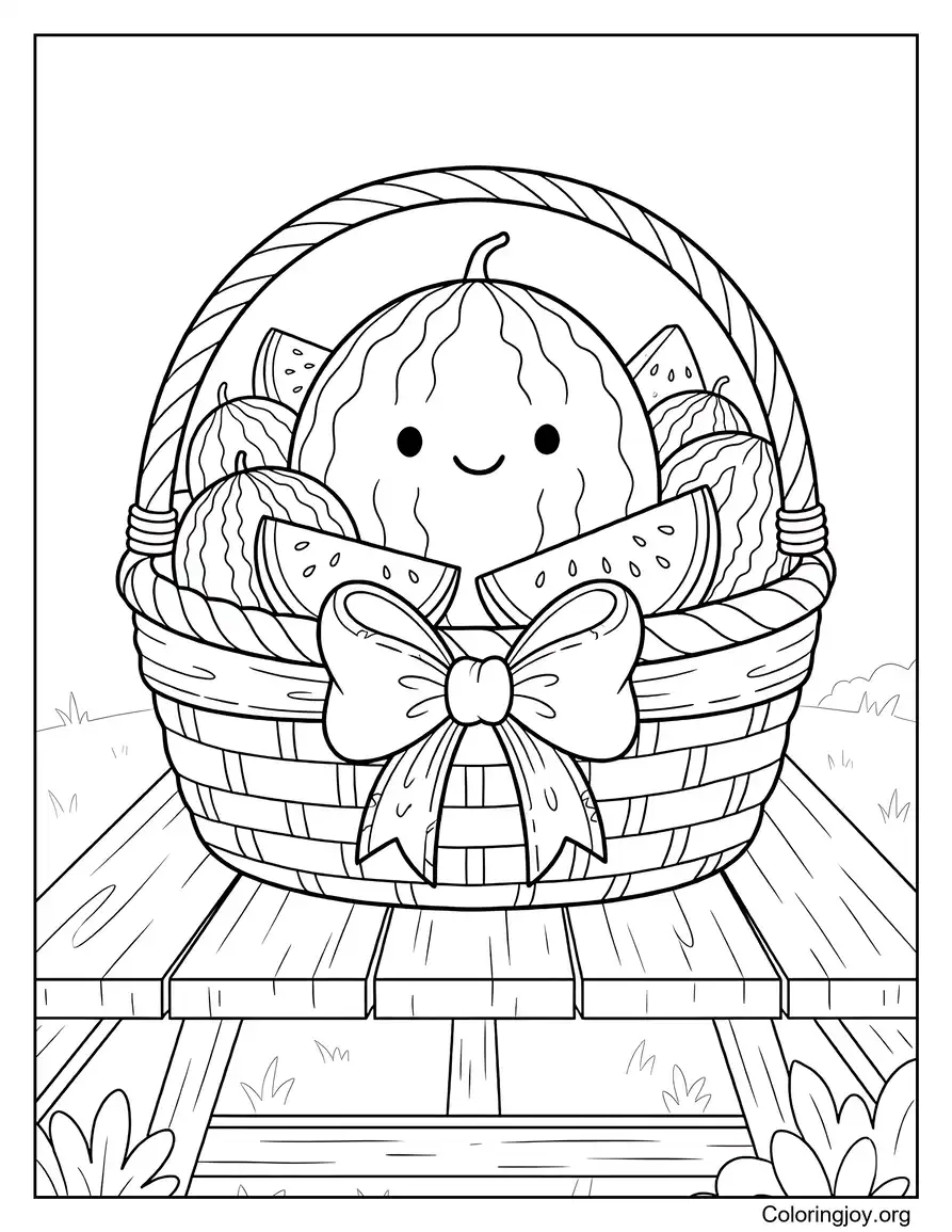 Watermelon Basket With Ribbon Sitting On A Picnic Table