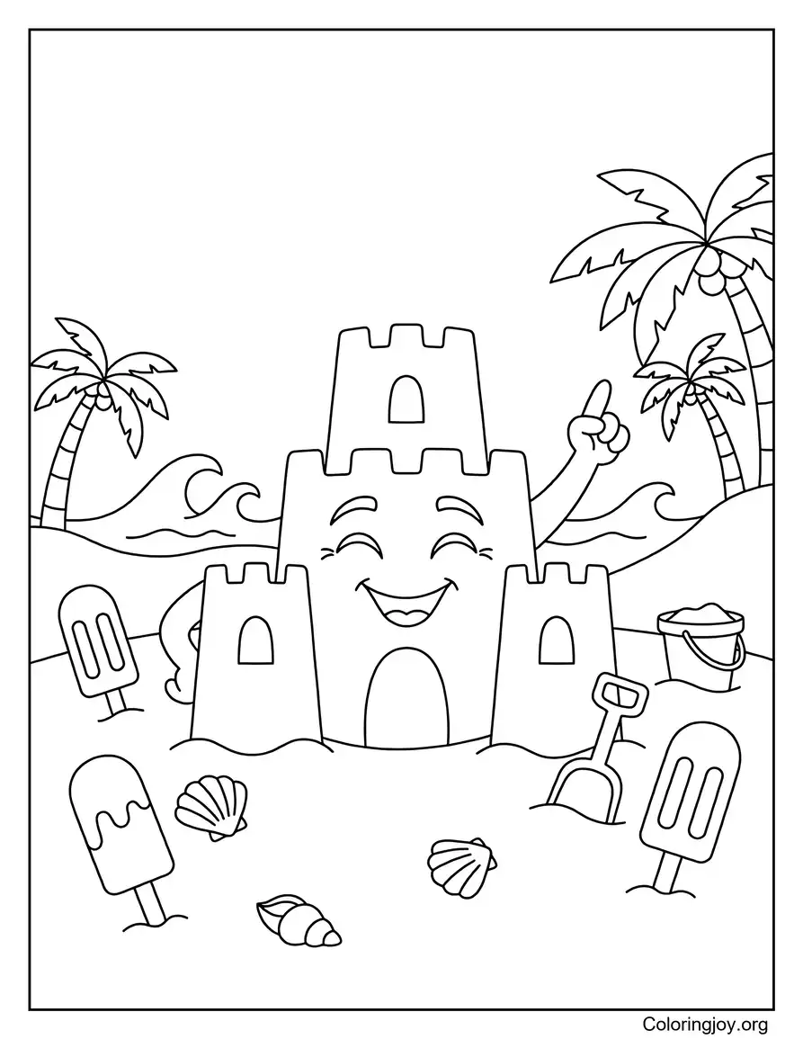 Castillo de arena de playa con escena de paletas heladas para colorear