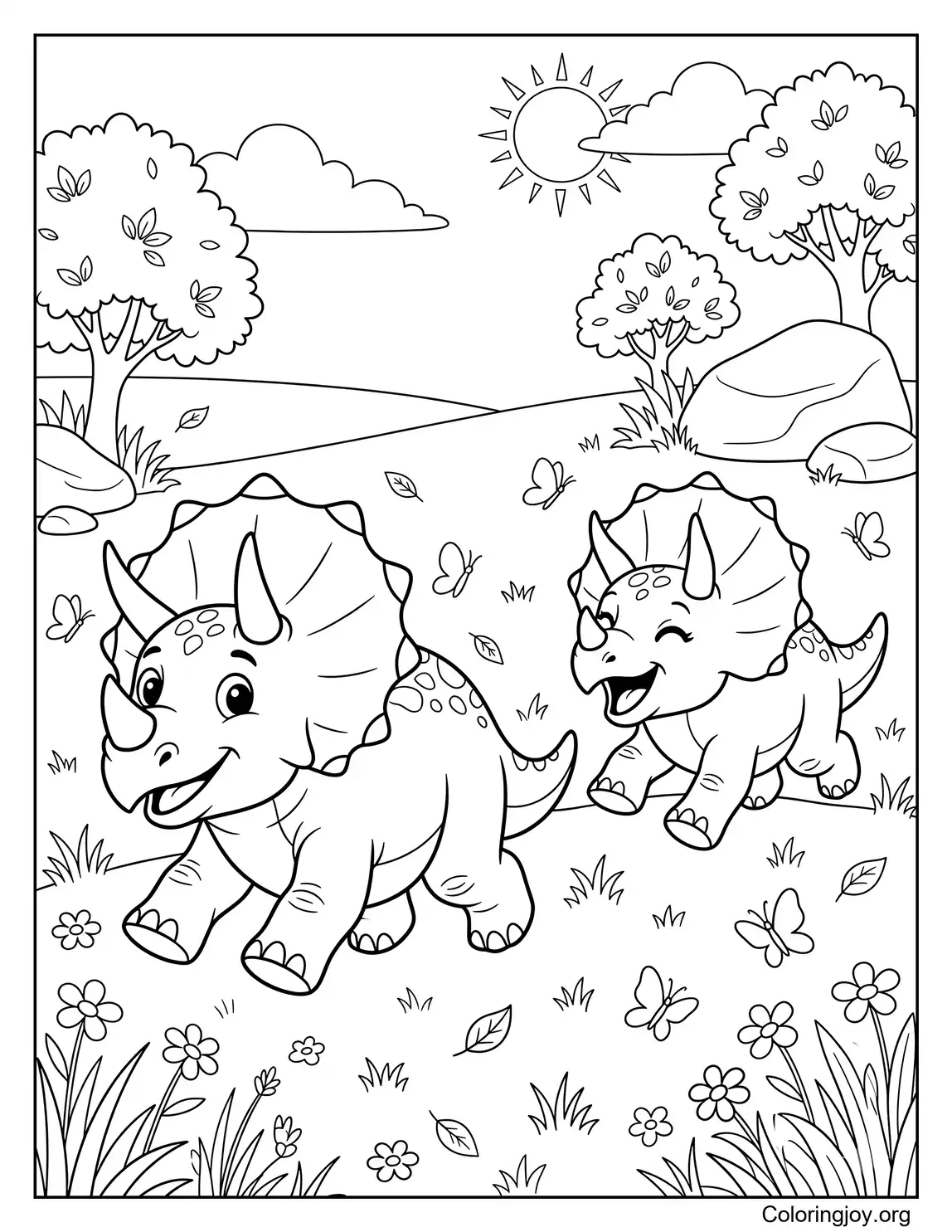 Página para colorear de dos triceratops jugando juntos para niños