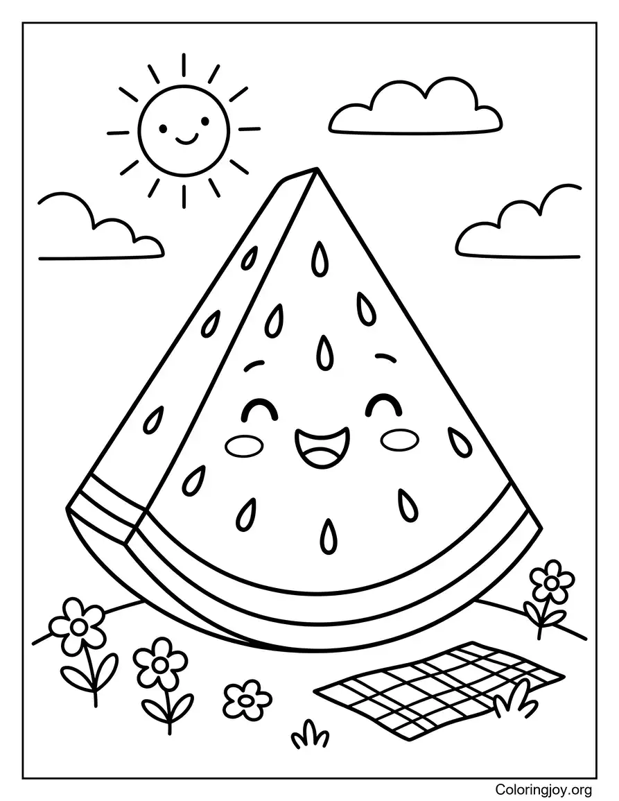 Watermelon Picnic Scene With Flowers And Sunny Sky