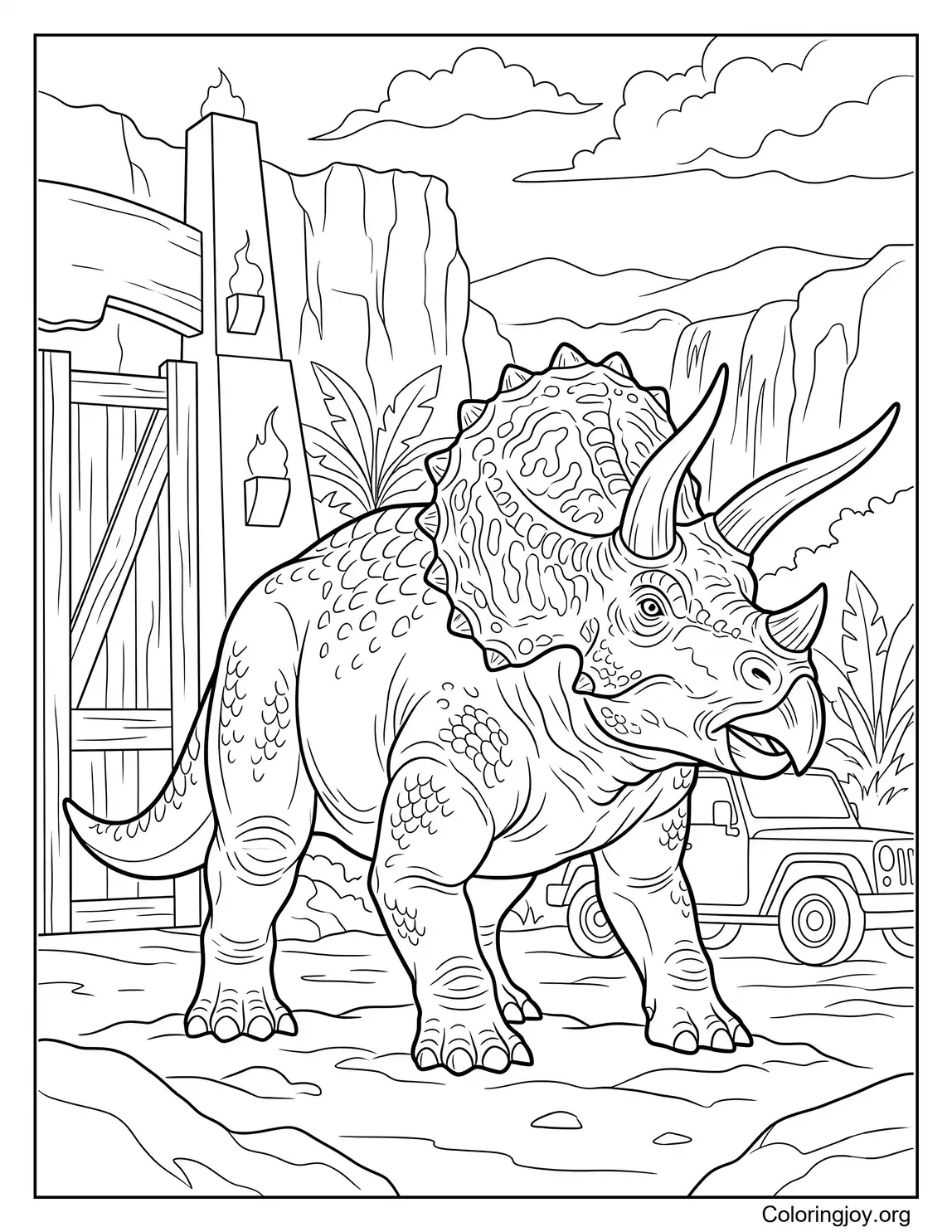 Hoja para colorear de escena de Triceratops al estilo Jurassic World