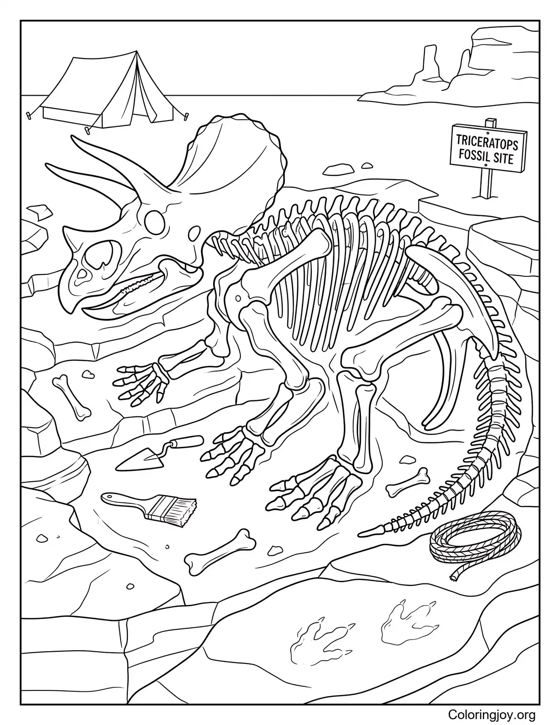 Página para colorear de fósil de esqueleto de Triceratops para niños