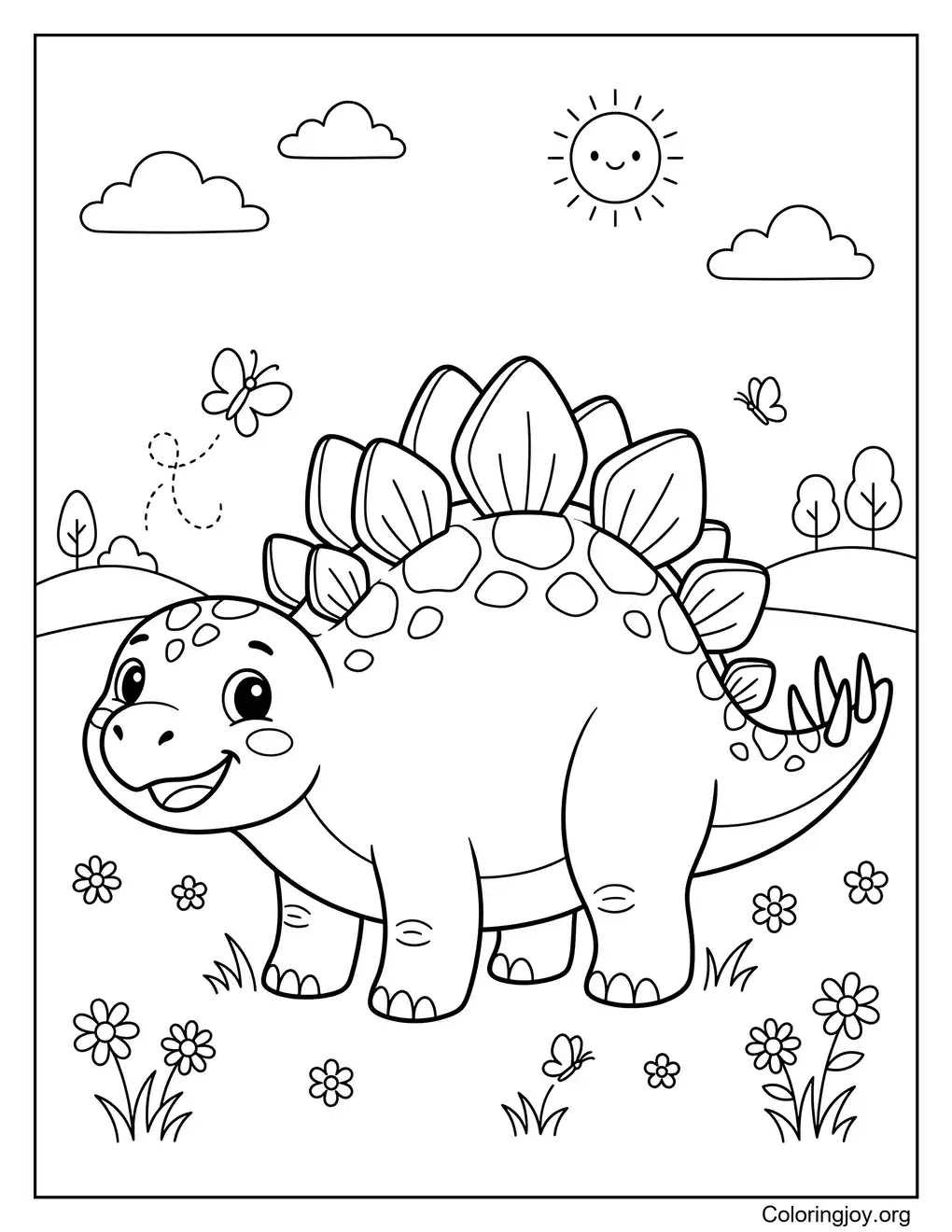 Estegosaurio de dibujos animados en un prado