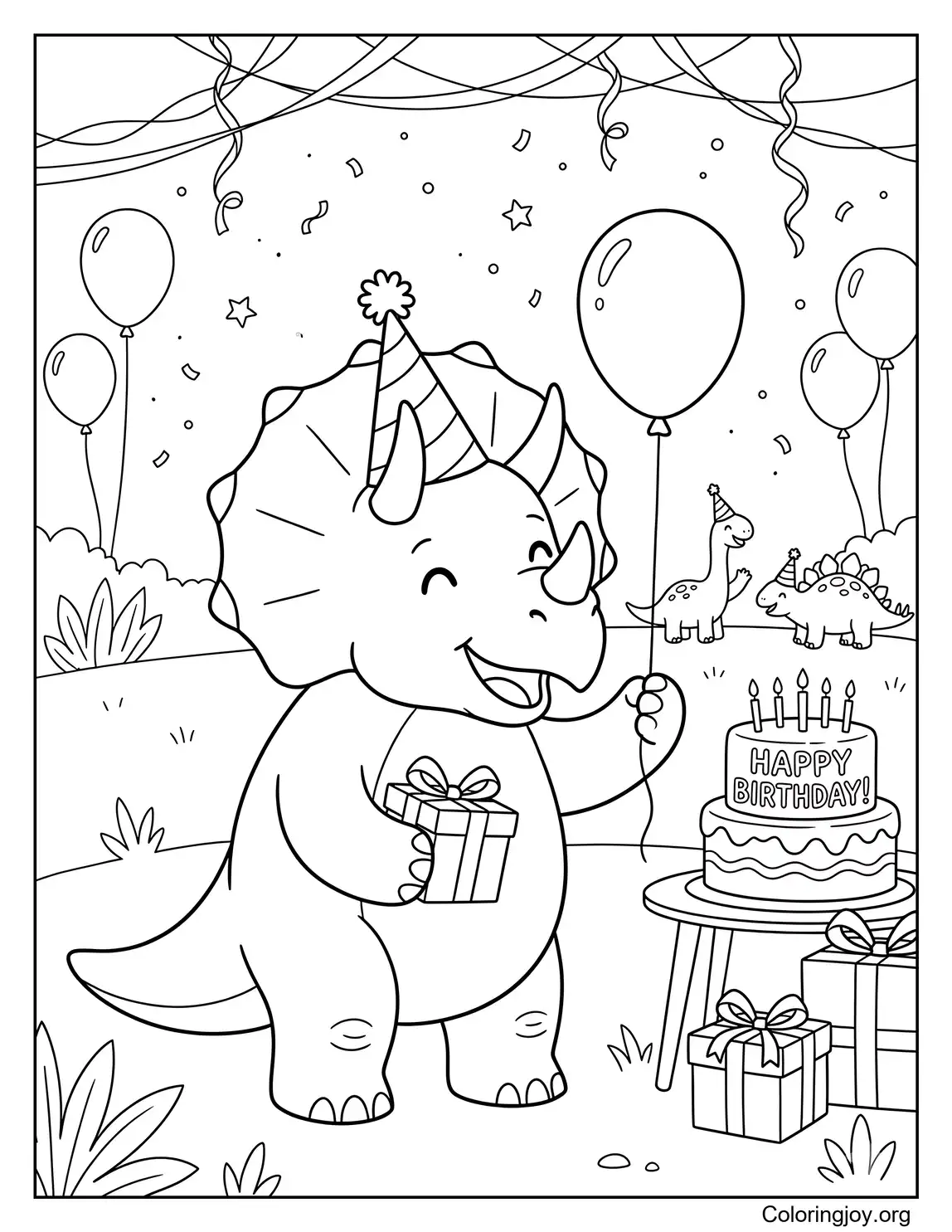 Página para colorear de fiesta de cumpleaños de Triceratops para niños