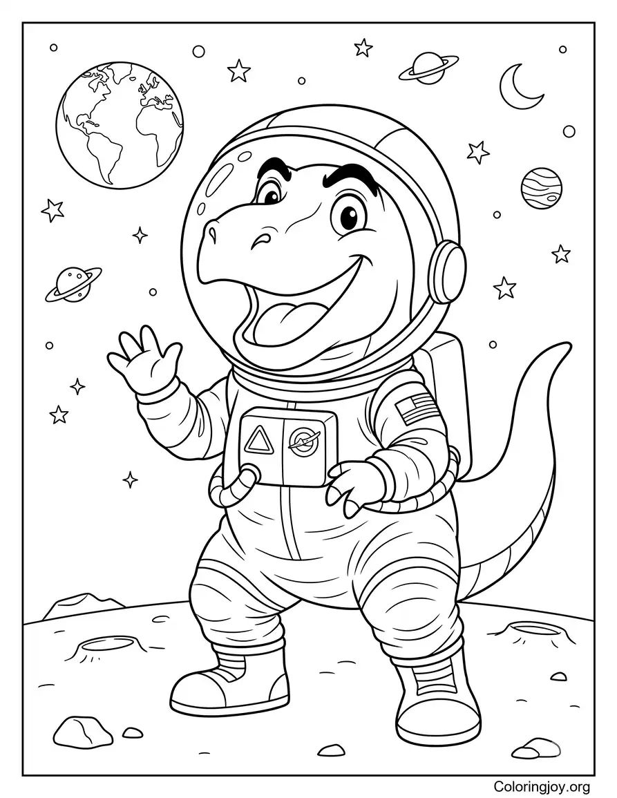 Linda página para colorear de astronauta T-Rex para niños