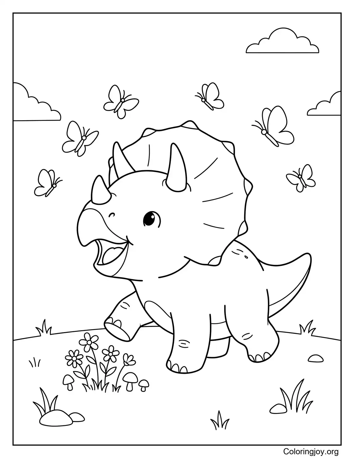 Lindo Triceratops Bebé Jugando Con Mariposas Para Colorear