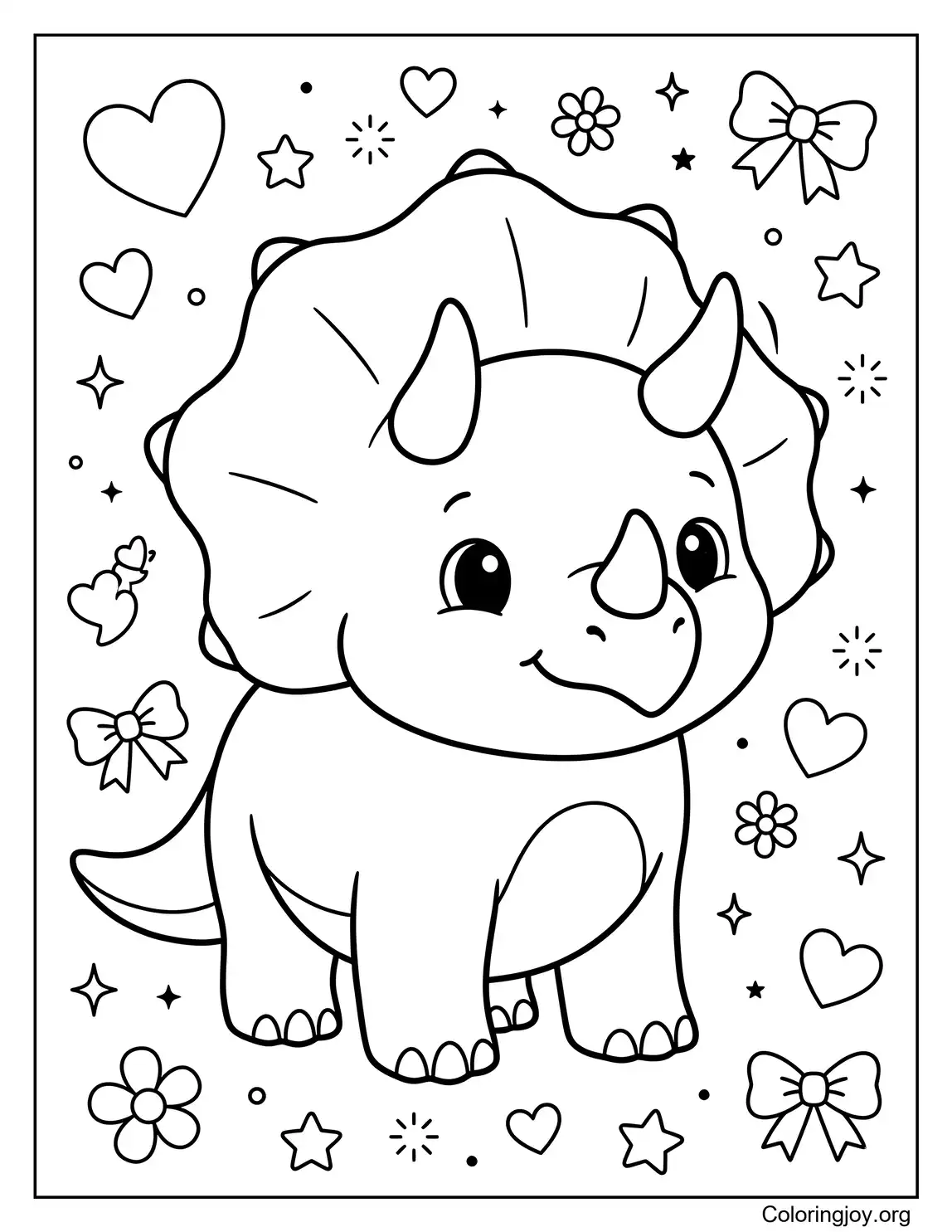Lindo Triceratops Kawaii con Corazones Página para colorear para niños