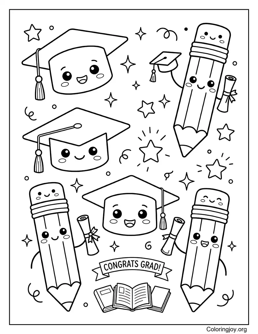 Cute Kawaii Graduation Caps And Smiling Pencils