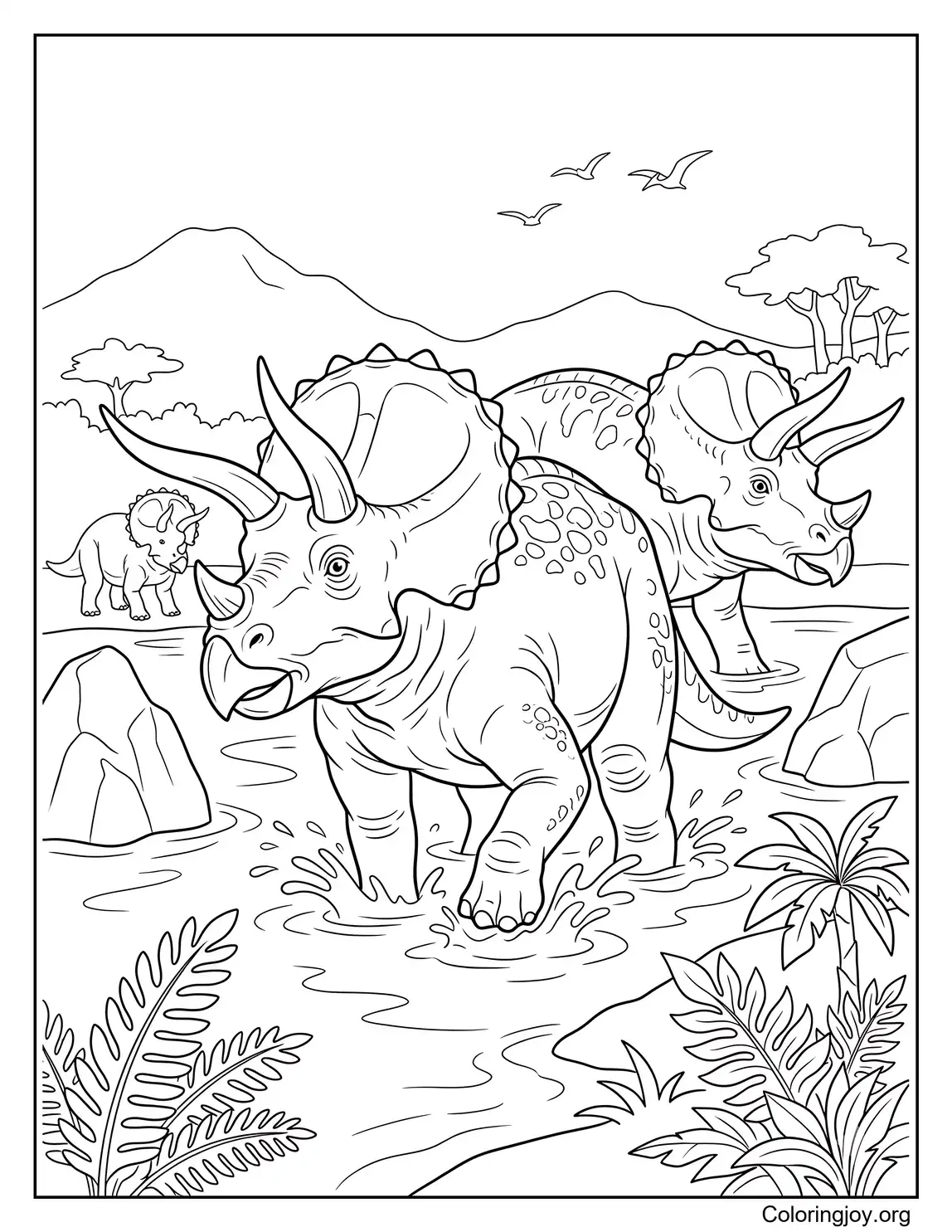 Escena de página para colorear de manada de triceratops cruzando el río