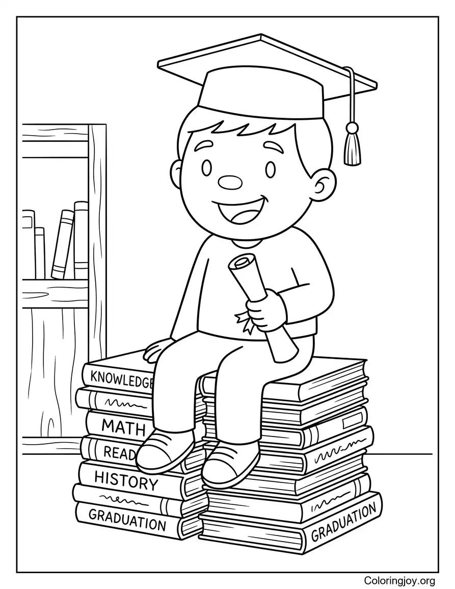 Boy Sitting On Books Wearing A Graduation Cap