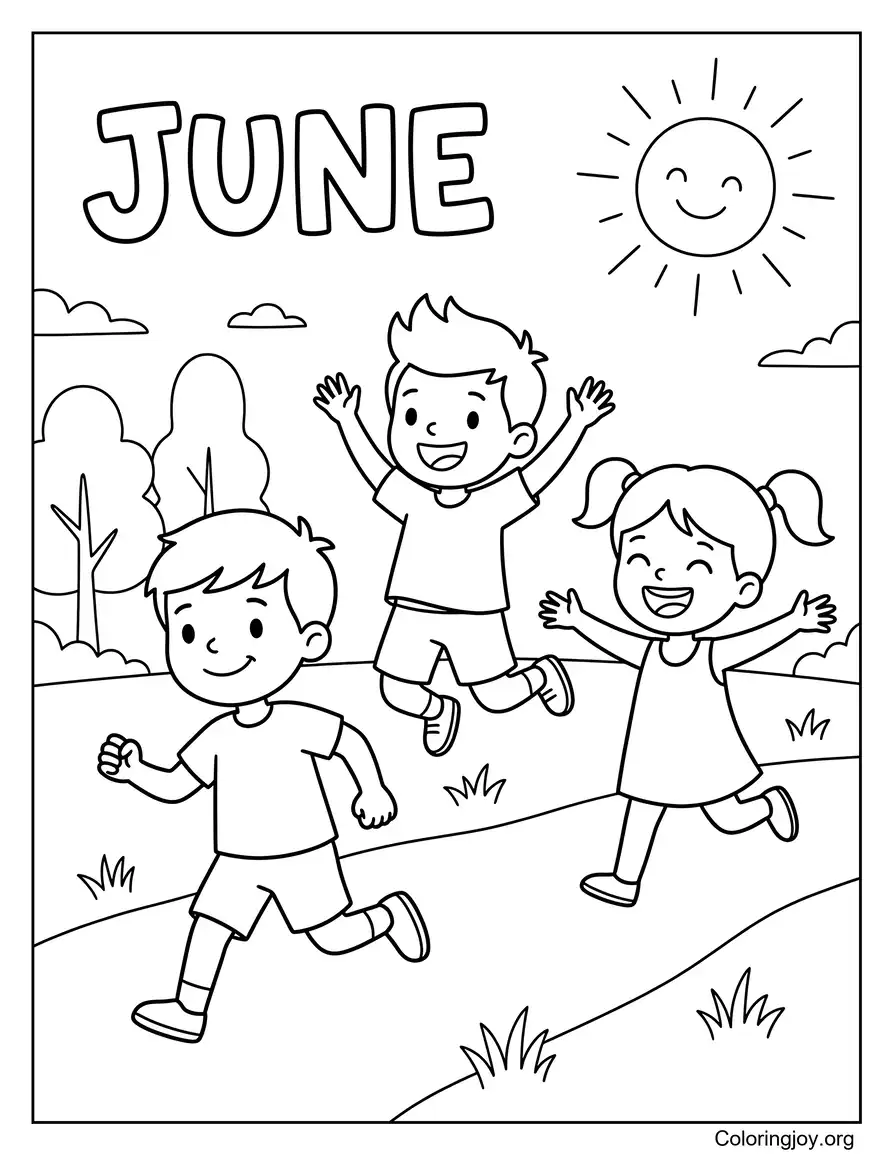Kids Playing Outside Summer Coloring Page