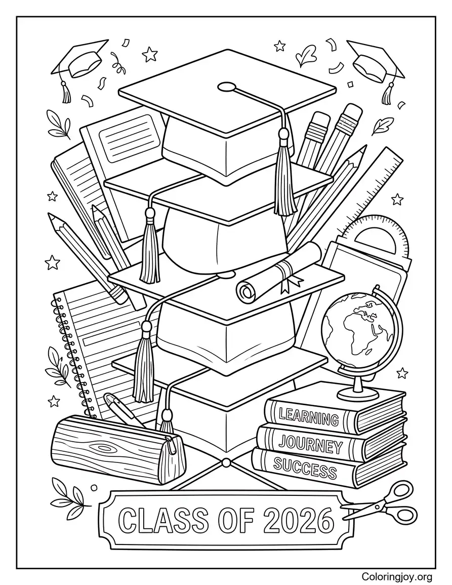 Graduation Cap Stack With School Supplies And Books