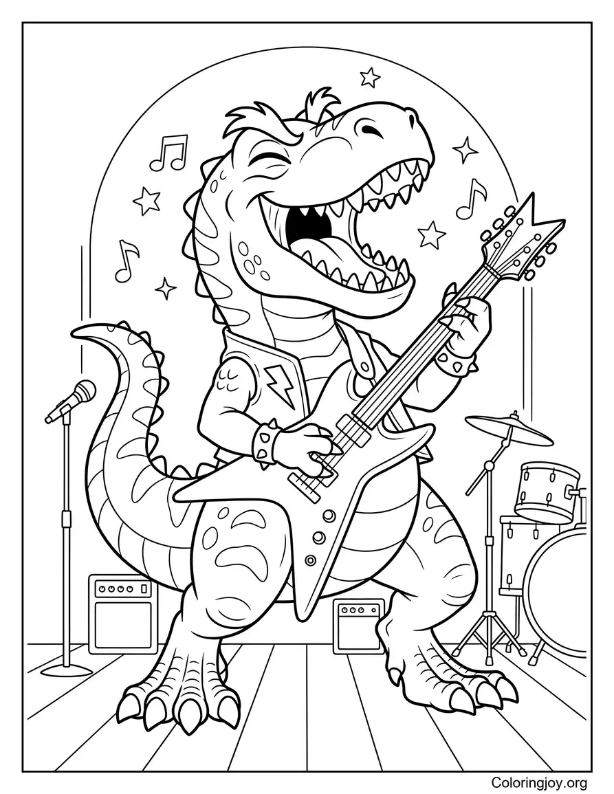 Página para colorear de Rockstar T-Rex tocando la guitarra en el escenario