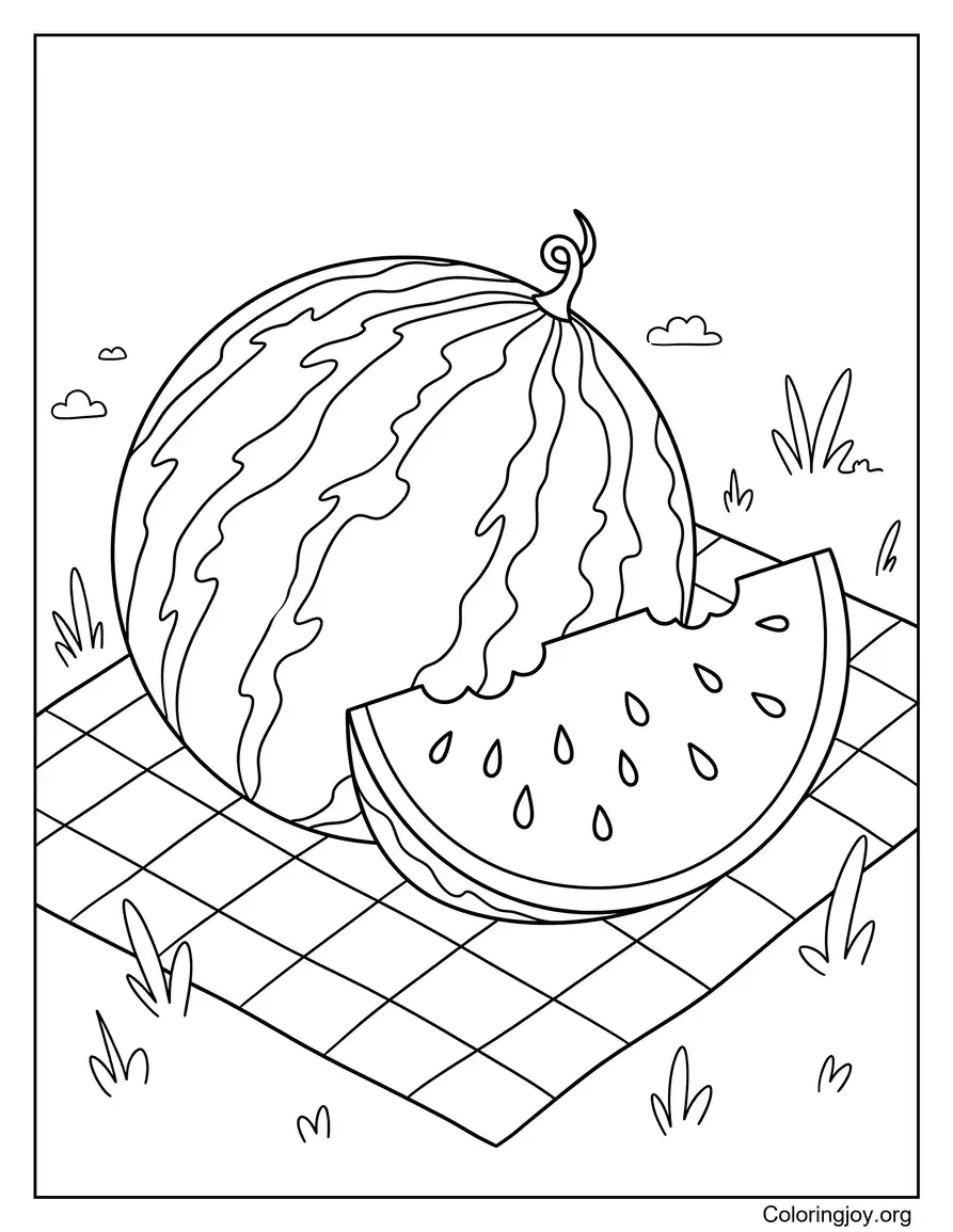 Bright Summer Watermelon On A Checkered Picnic Cloth Coloring Sheet