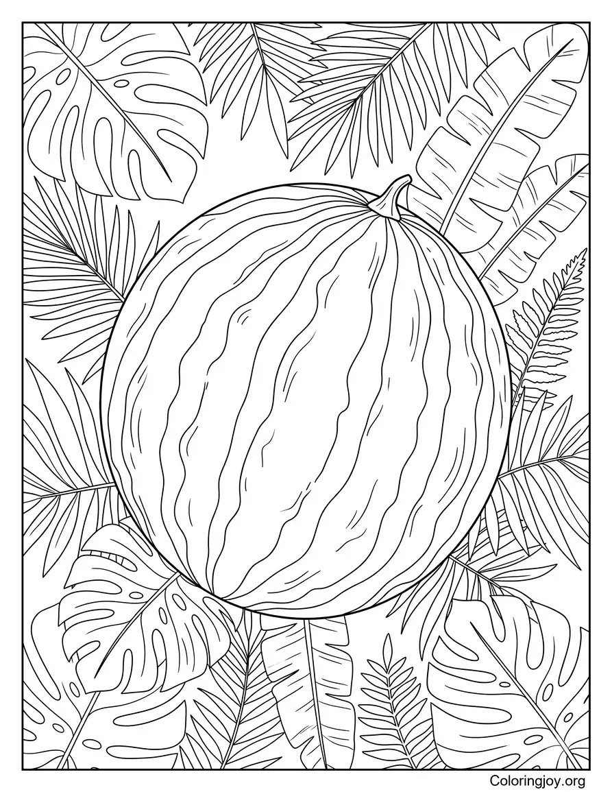 Whole Watermelon Resting Among Tropical Jungle Leaves