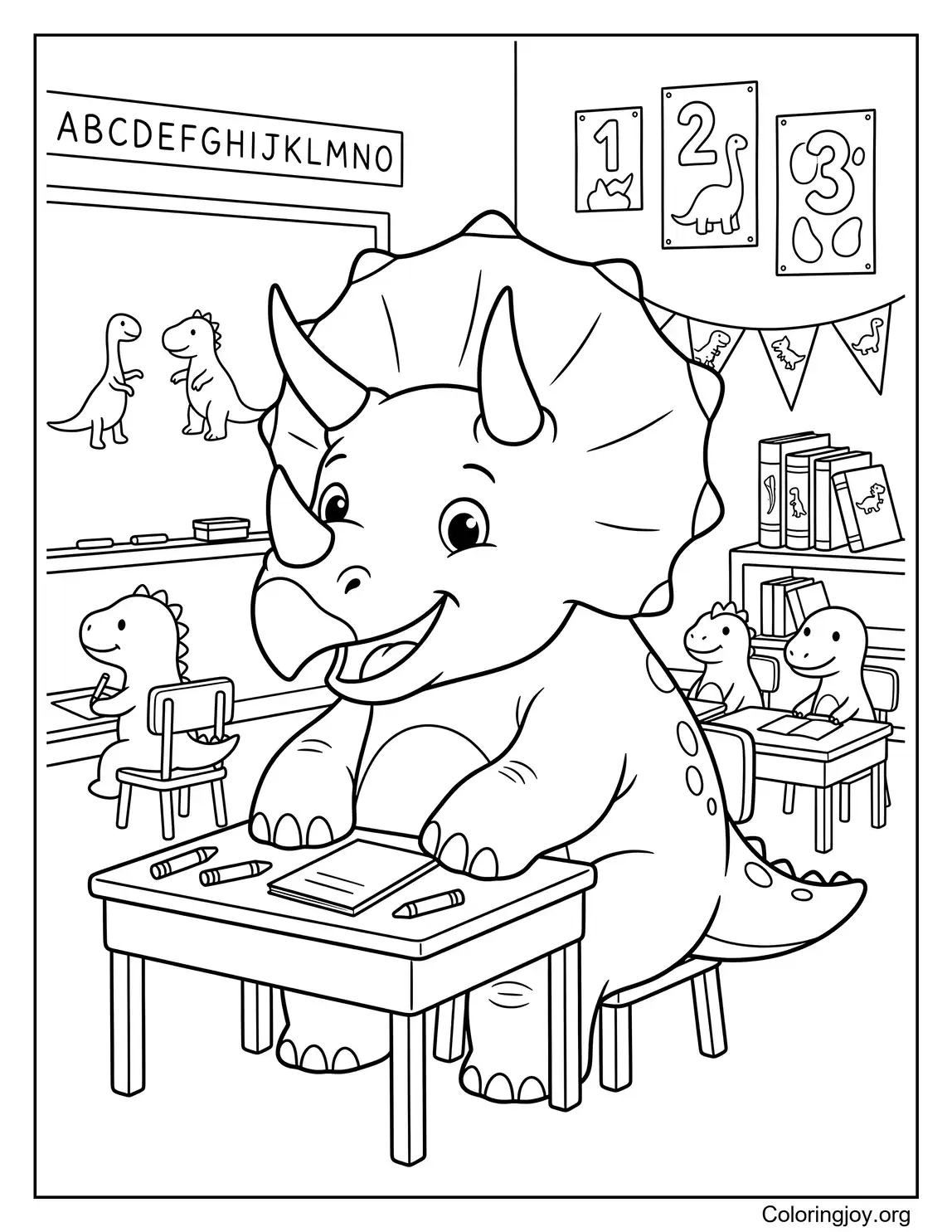 Triceratops de dibujos animados en la escuela de dinosaurios Página para colorear para niños