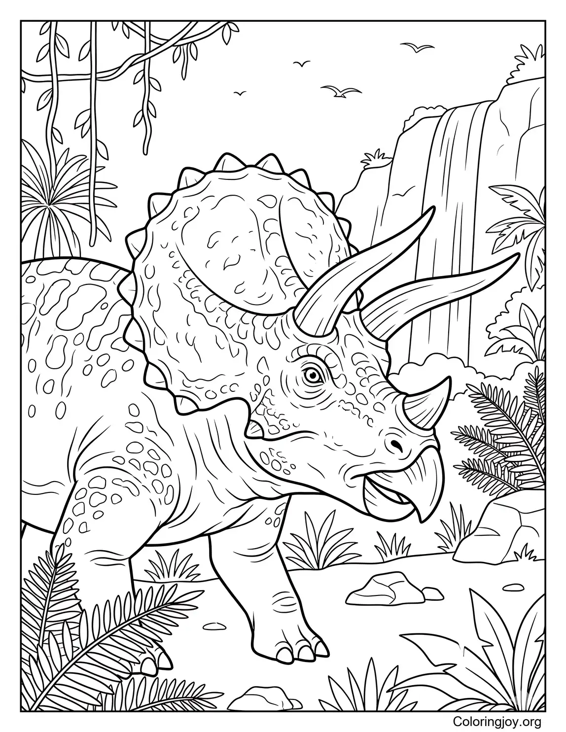 Triceratops en la jungla prehistórica Página para colorear para niños