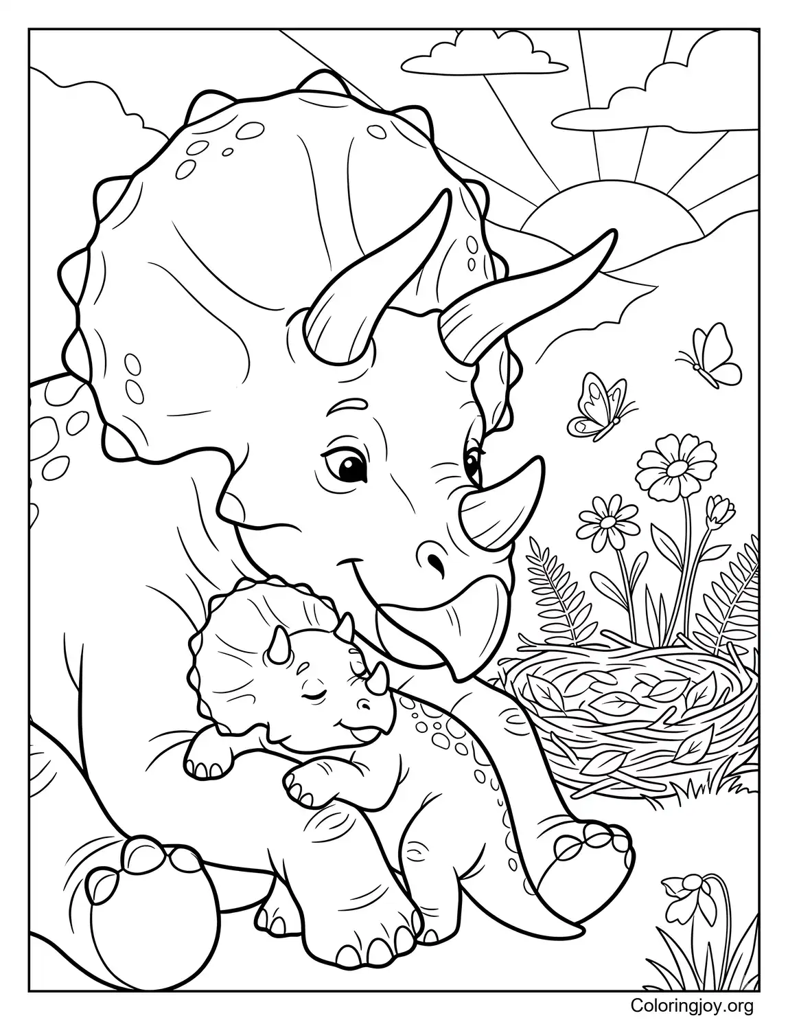 Hoja para colorear de Triceratops mamá y bebé abrazándose