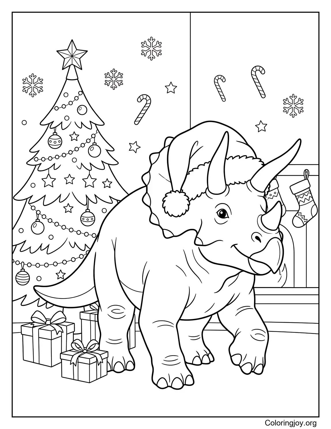 Triceratops navideño con gorro de Papá Noel para colorear