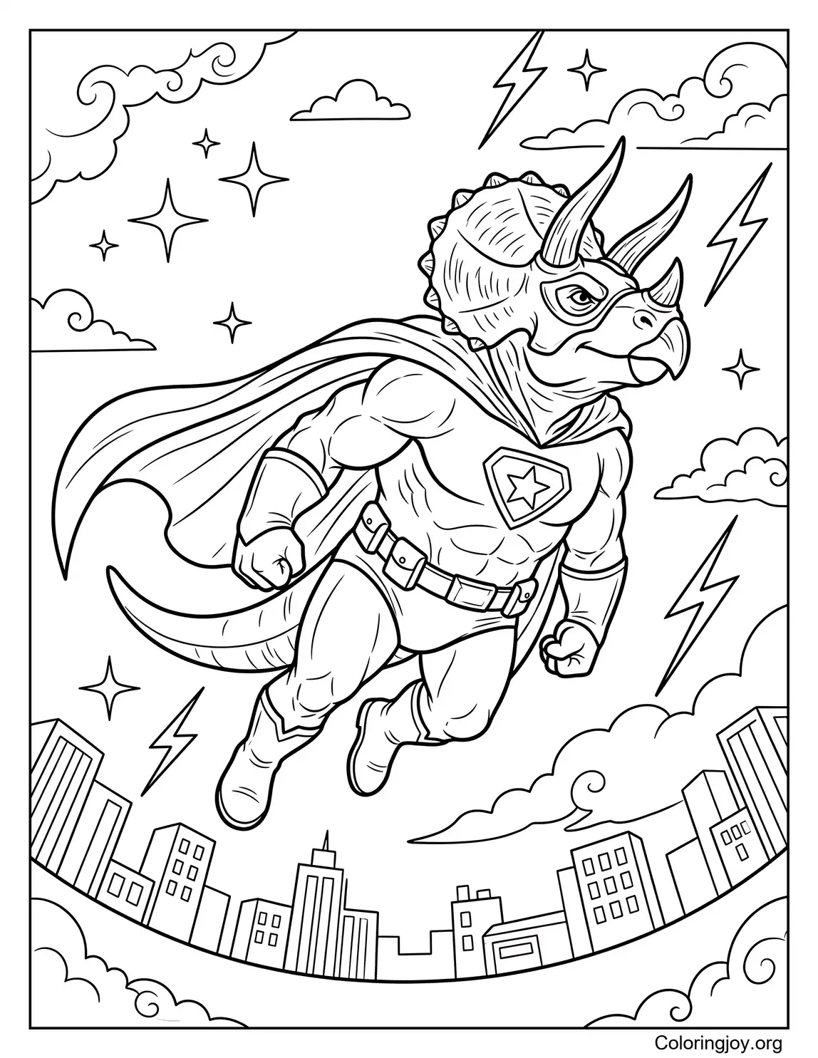 Página para colorear de superhéroe Triceratops volando por el cielo
