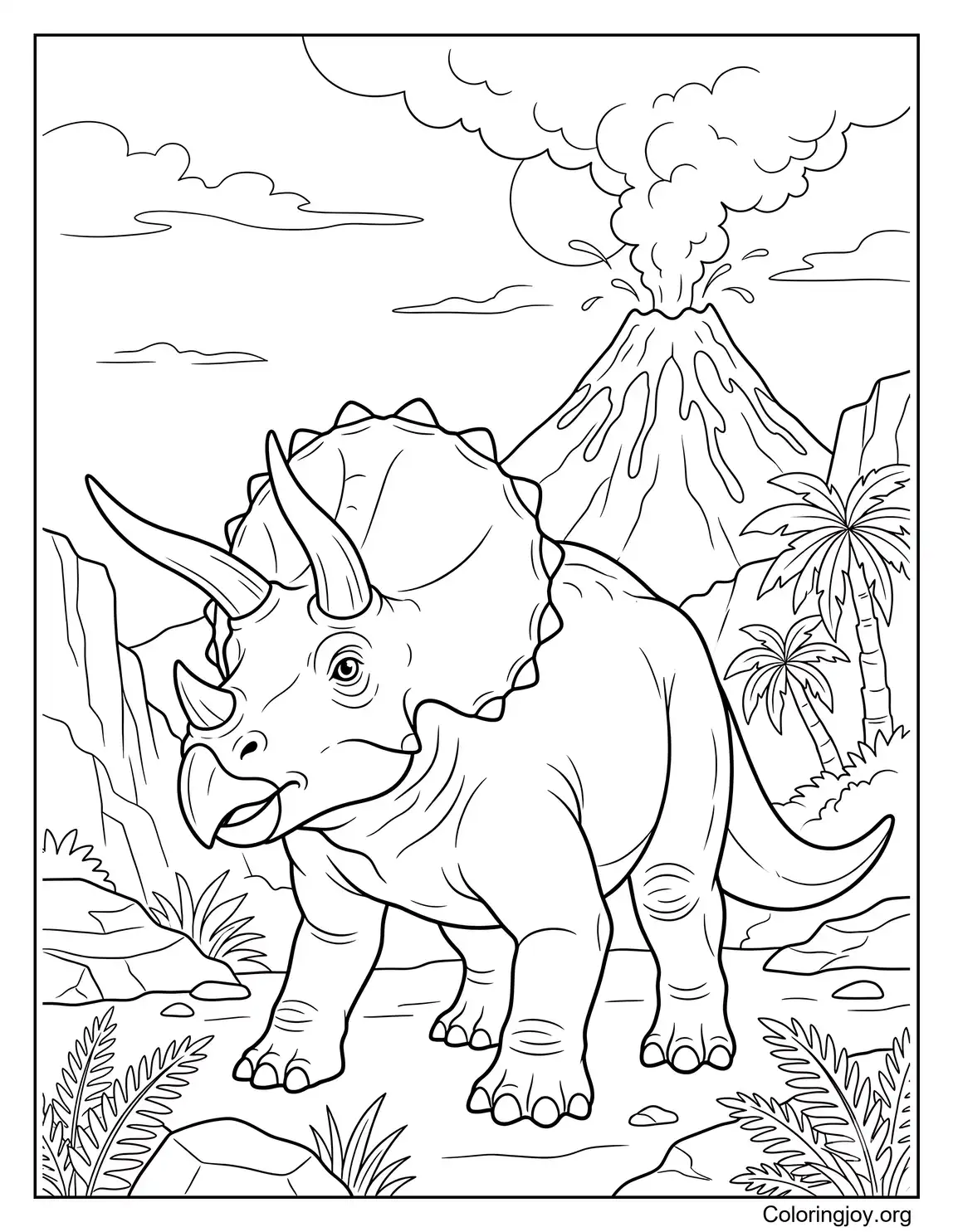 Hoja para colorear de fondo de Triceratops y Volcán