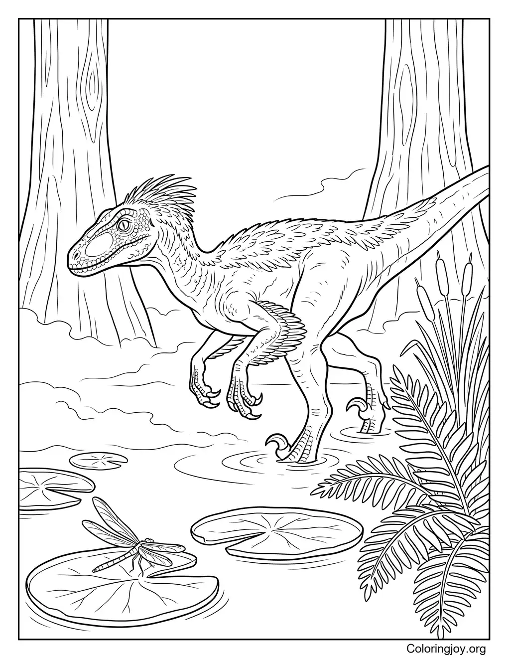 Velociraptor realista antiguo en pantano prehistórico