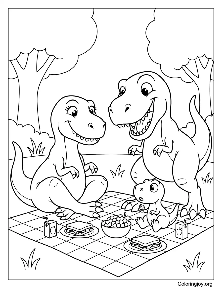 Family Picnic Cute Dinosaur Coloring Page