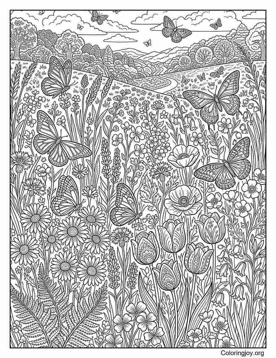 Spring Wildflower Meadow Coloring Page