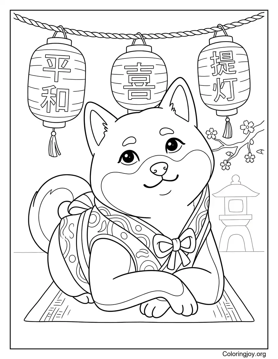 Japanese-Themed Shiba Inu With Lanterns Coloring Page