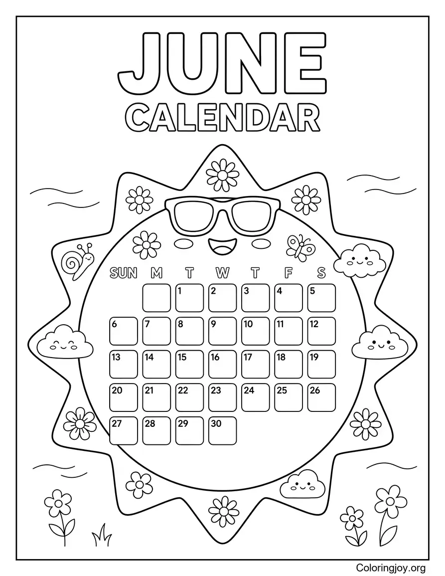 Pagina da colorare del calendario di giugno