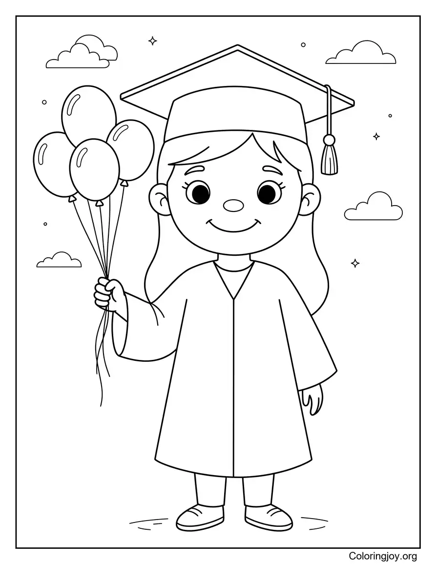 Fille de maternelle portant une casquette de remise des diplômes avec des ballons