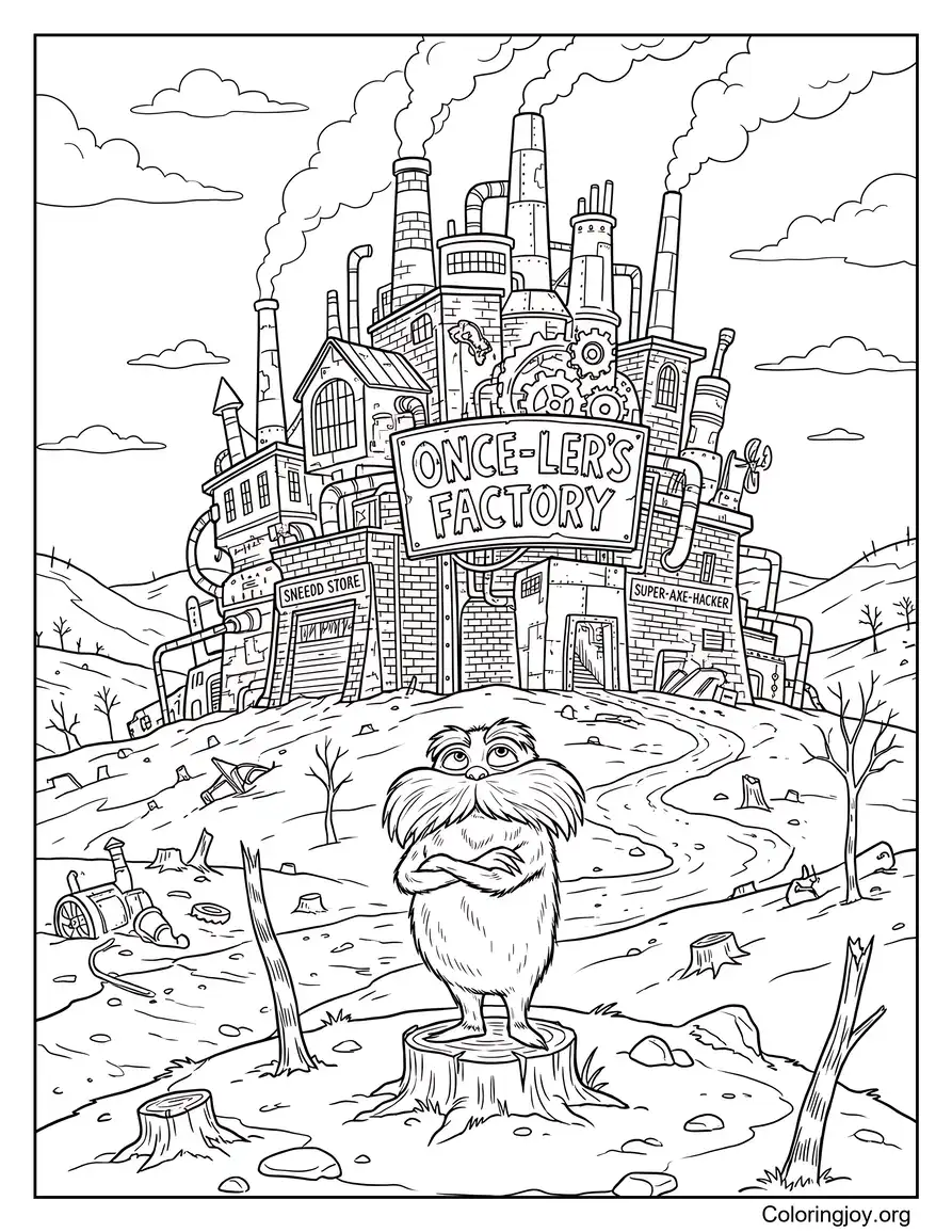 Lorax In Front Of The Once Ler Factory