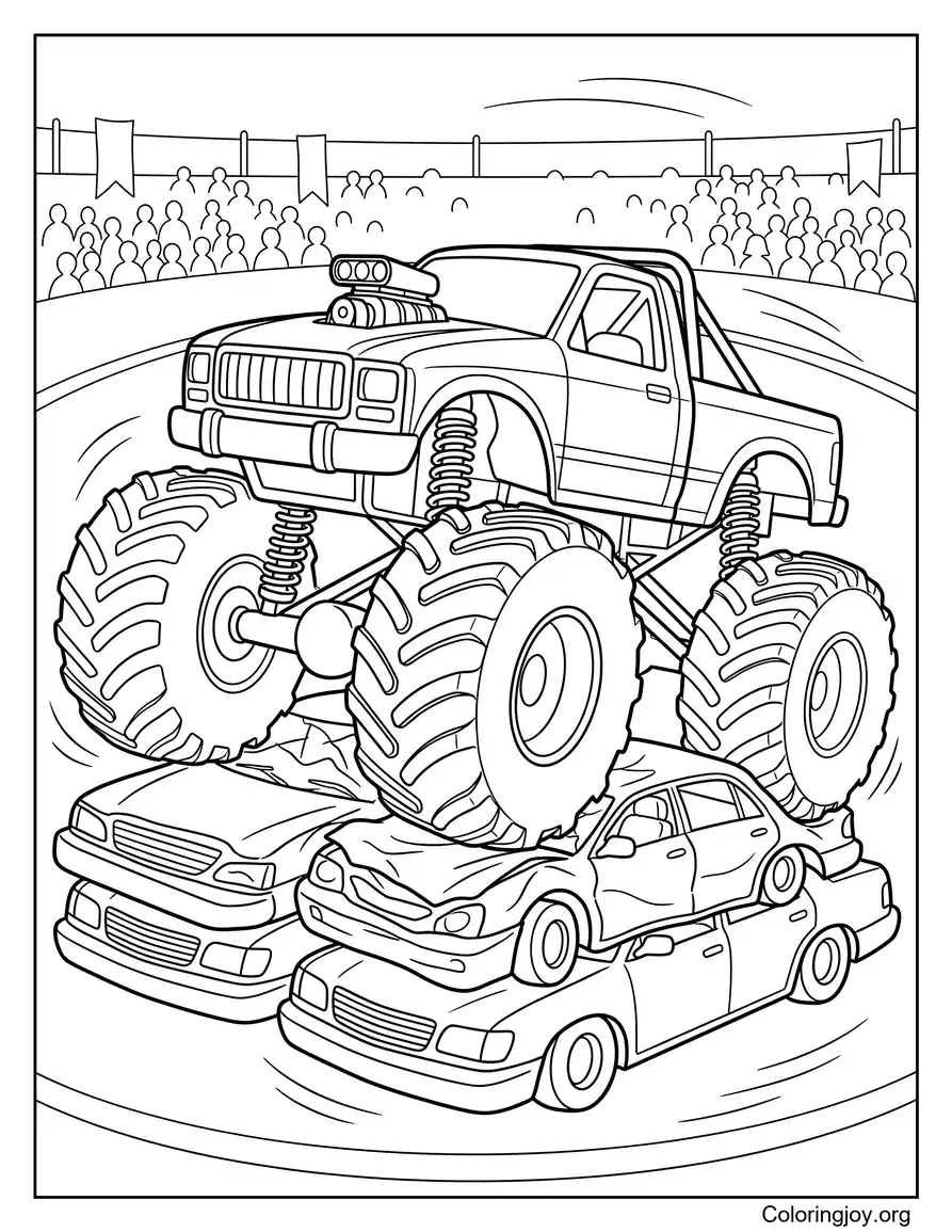Monster Truck verpletterende auto's kleurplaat afdrukken