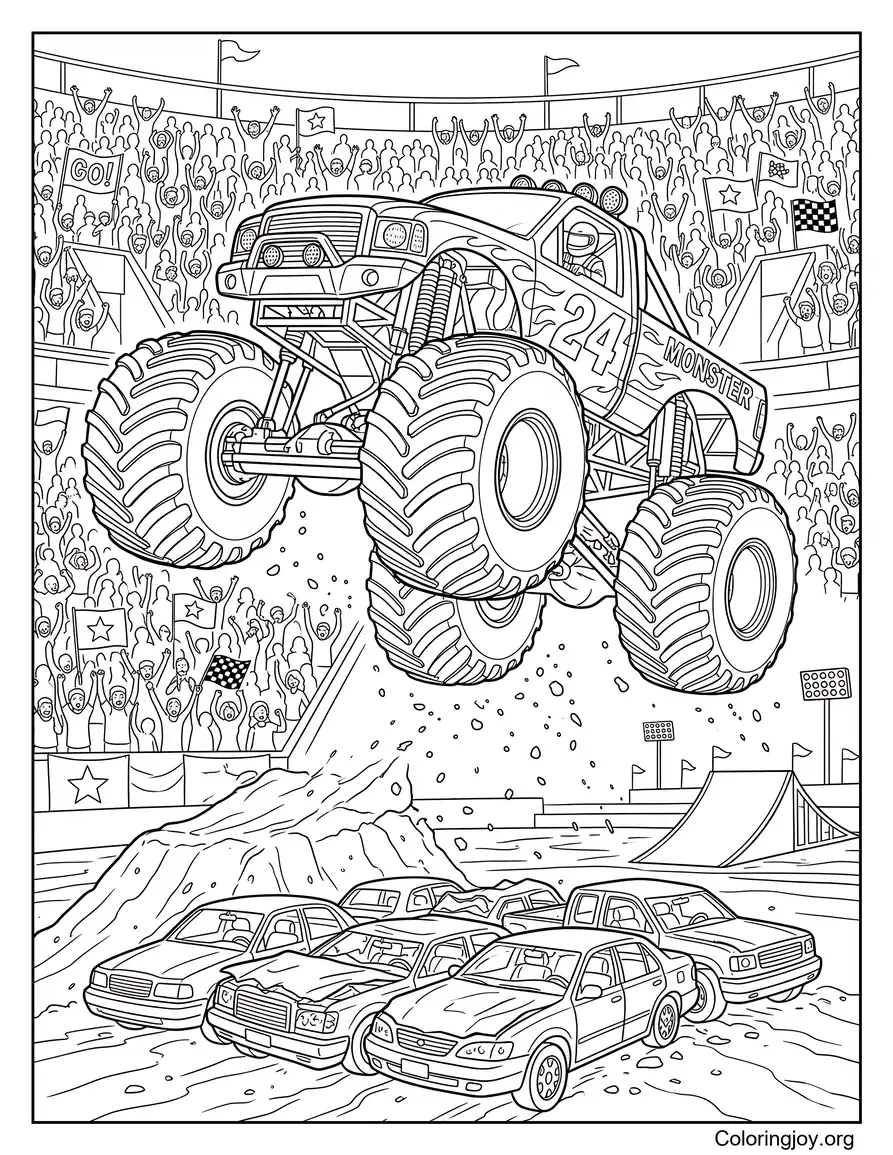 Monster Truck springt over auto's kleurplaat