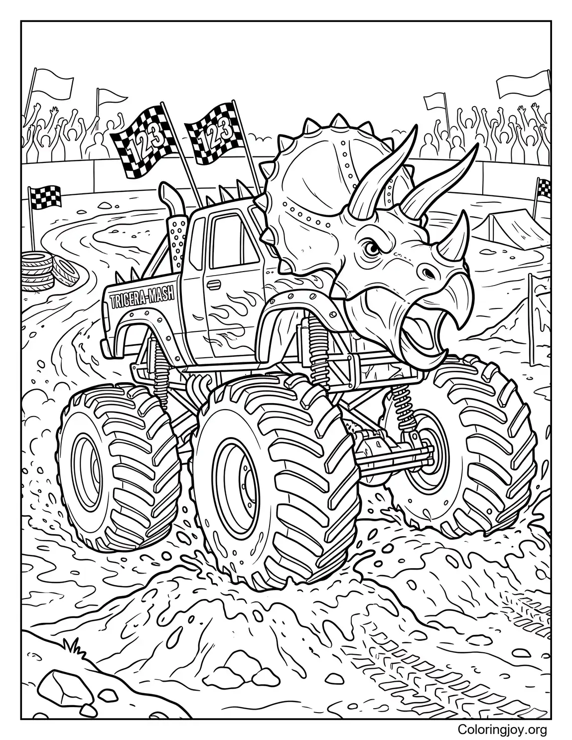 Monster Truck Triceratops Hybrid Coloring Page for Boys