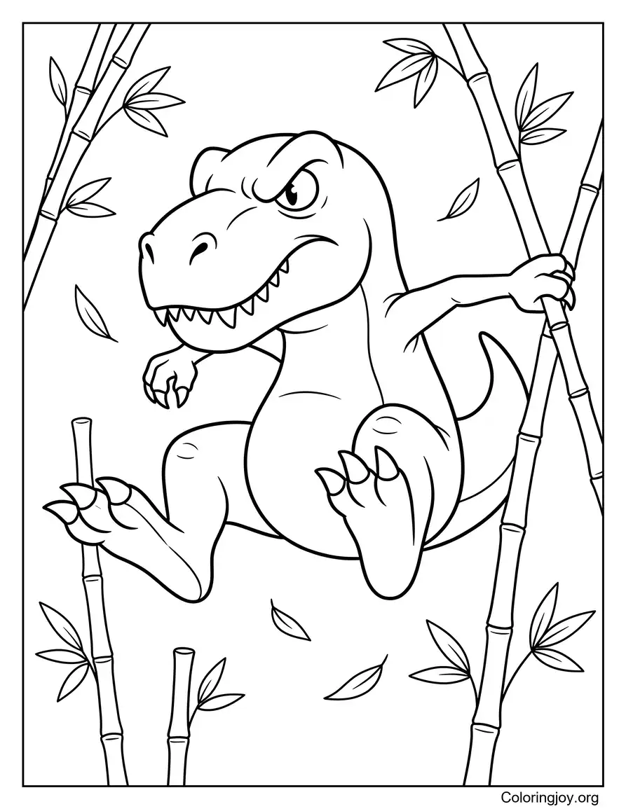 Malvorlage „Ninja T-Rex springt durch Bambus“