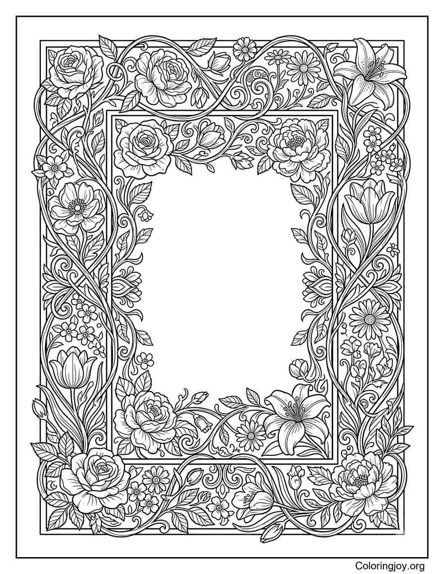 Ornate Spring Flower Vine Frame Coloring Page