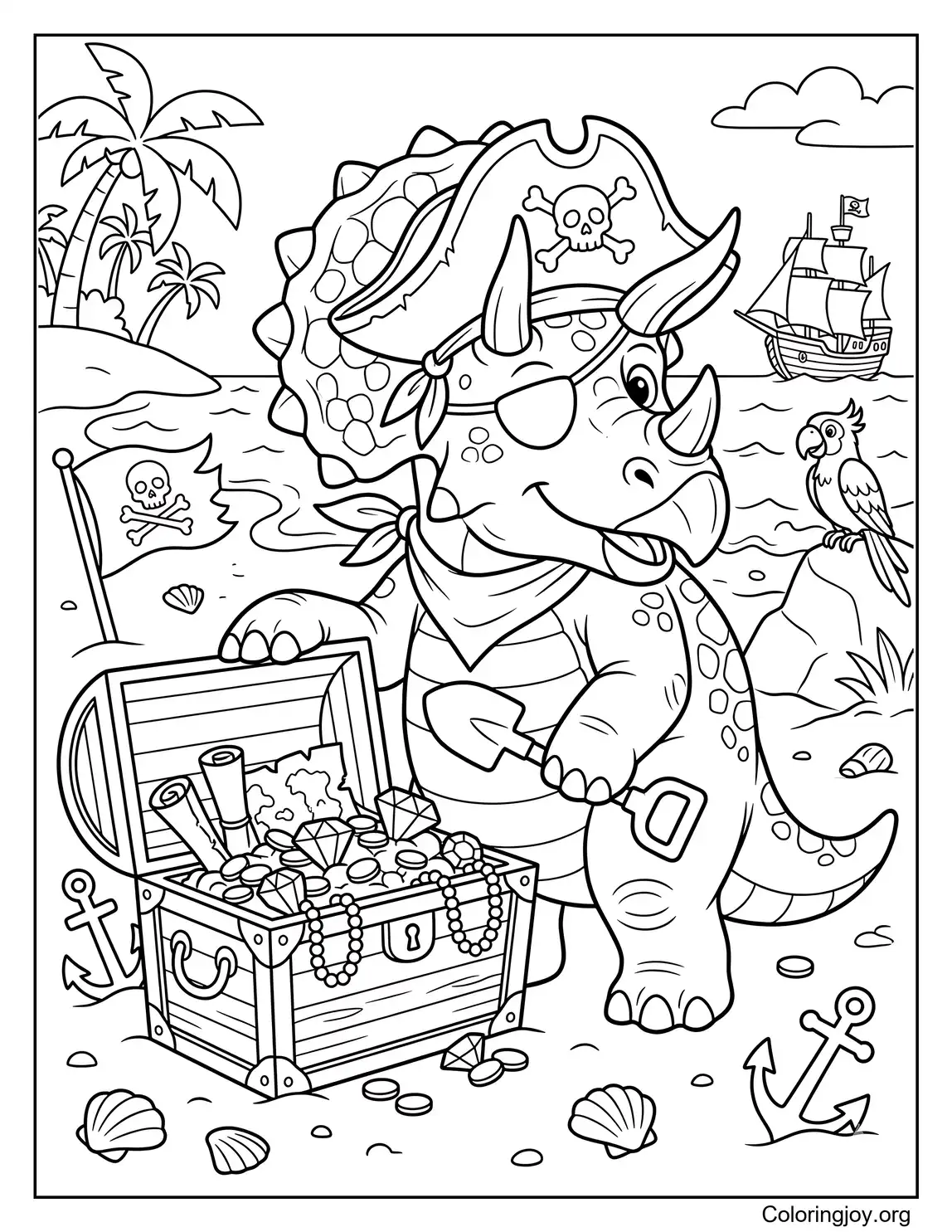 Pirate Triceratops With Treasure Chest Coloring Sheet