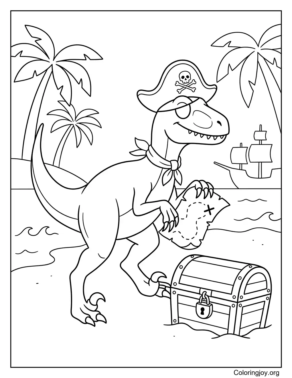 Pirate Velociraptor Treasure Hunt Coloring Page