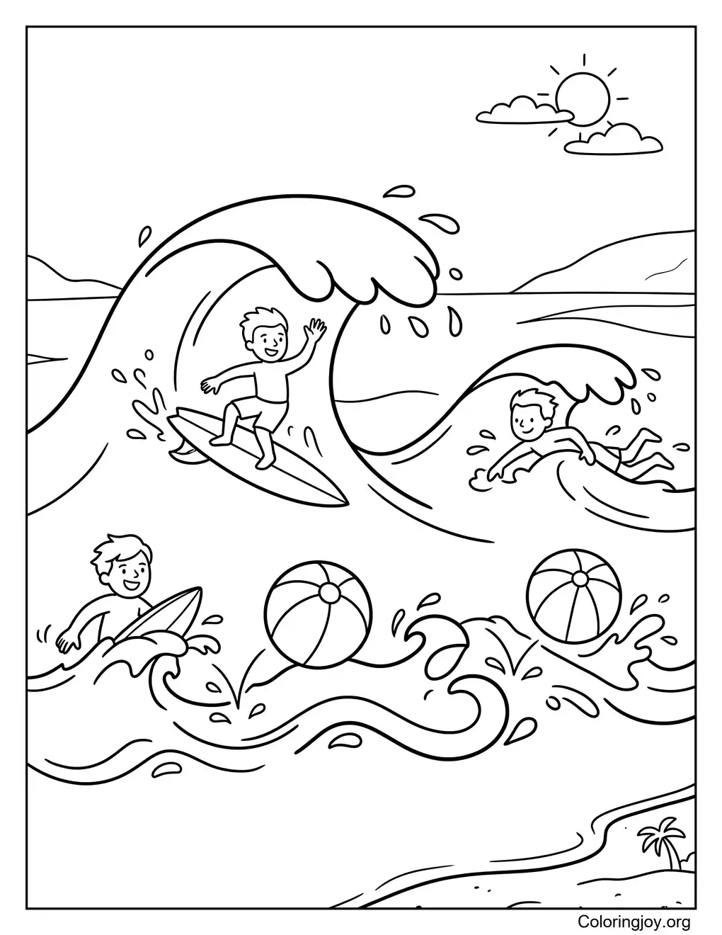 Playful Beach Waves Ocean Coloring Sheet