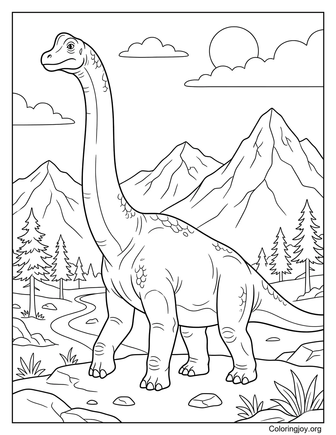 Realistischer Brachiosaurus in der Nähe alter Berge