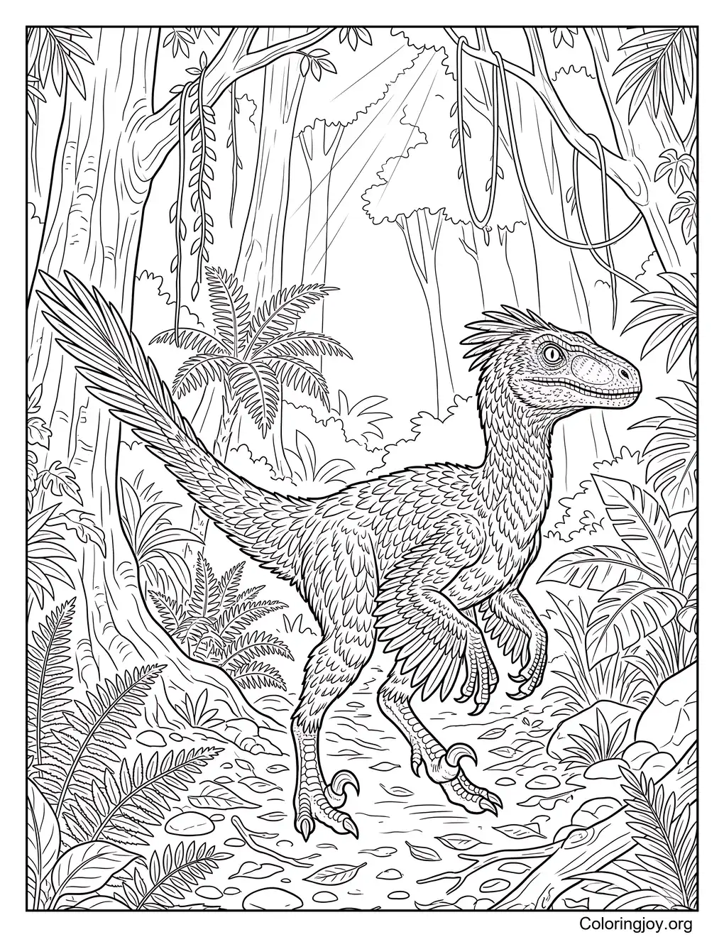 Realistic Feathered Velociraptor In The Jungle