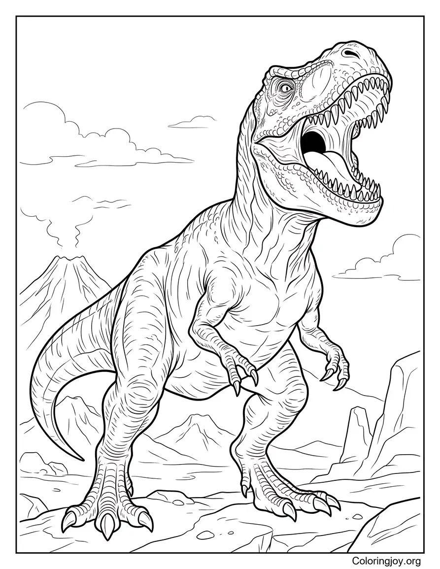Realistische brüllende T-Rex-Malseite in der Nähe eines Vulkans