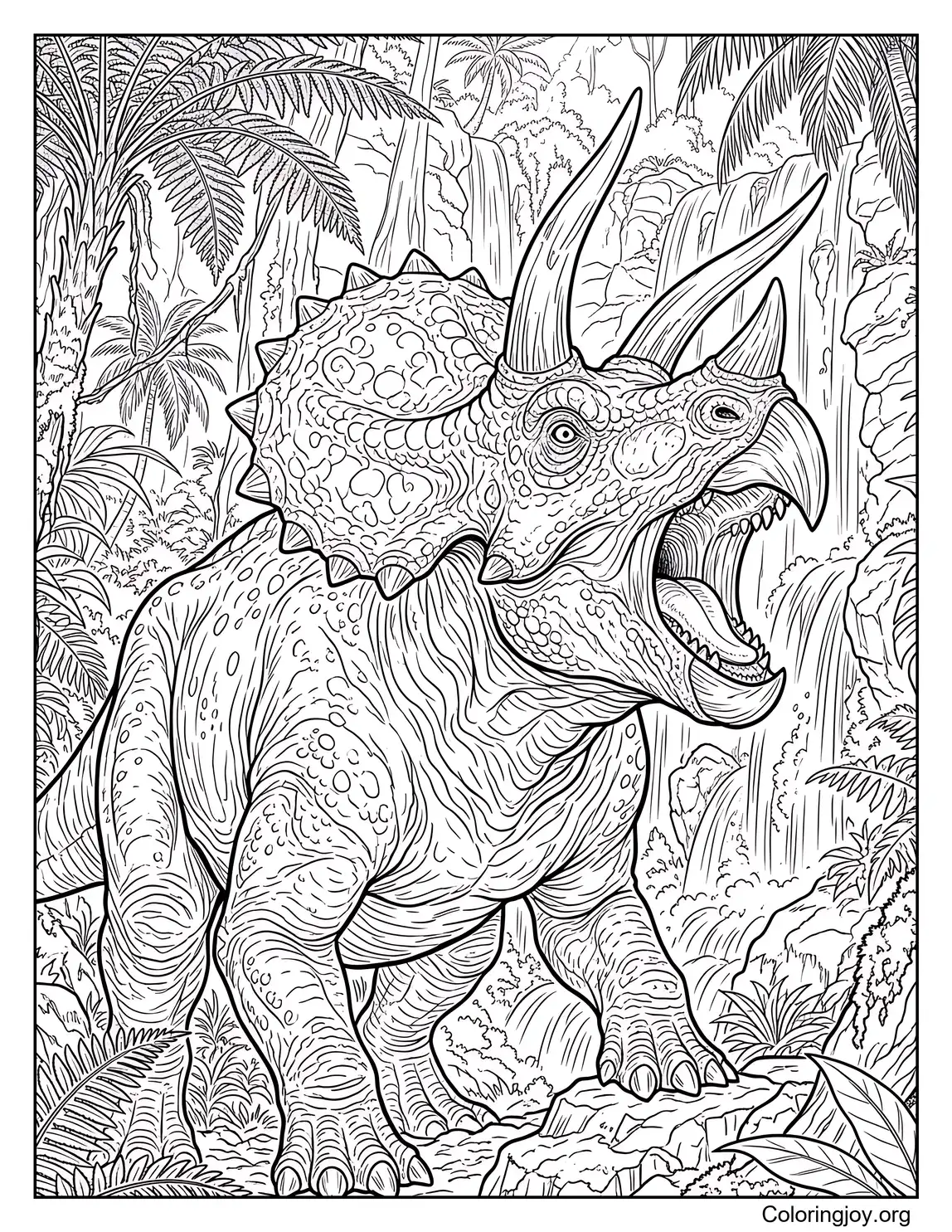 Realistic Triceratops Roaring in Jungle Coloring Page