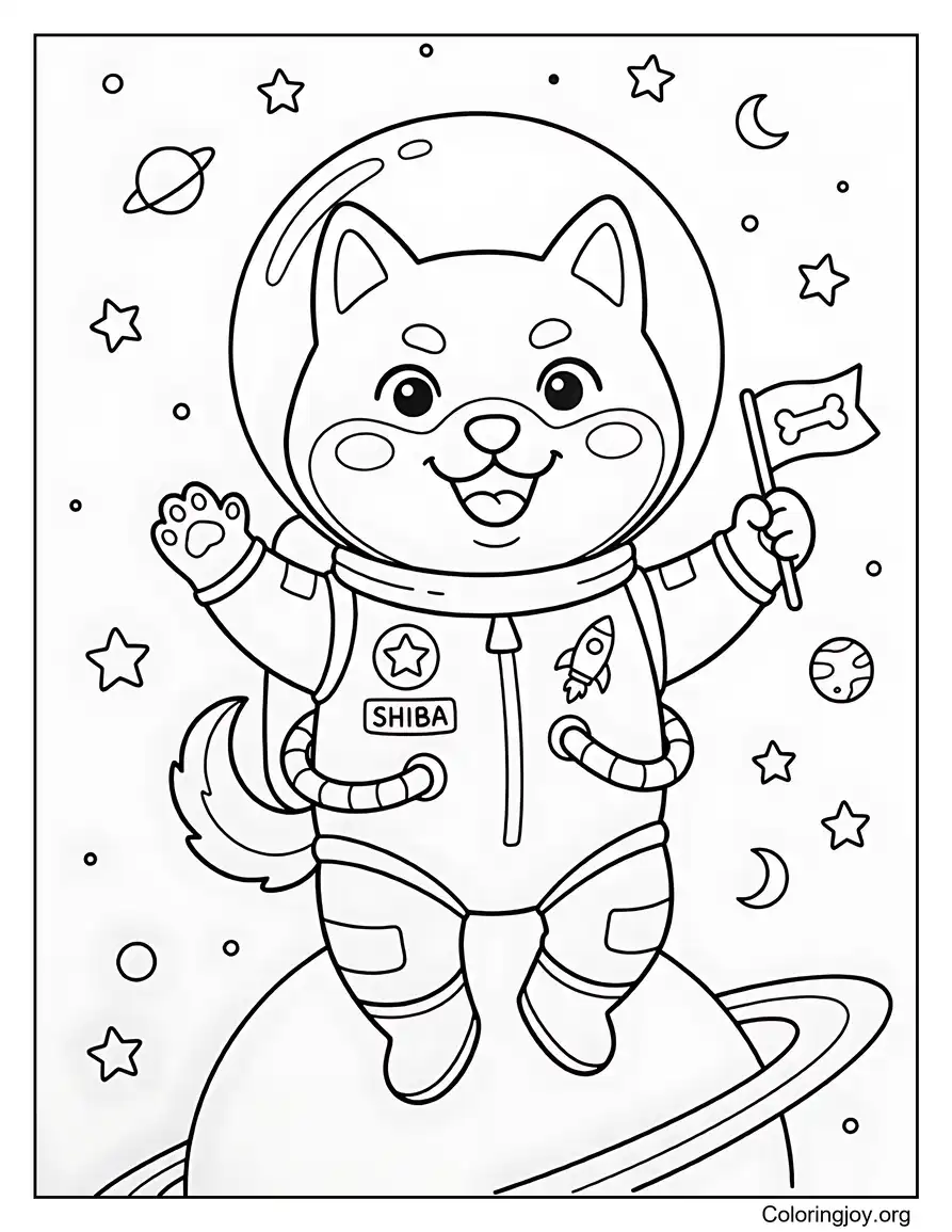 Shiba Inu Astronaut in Space Coloring Sheet