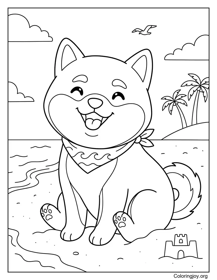 Cute Shiba Inu at the Beach Printable to Color