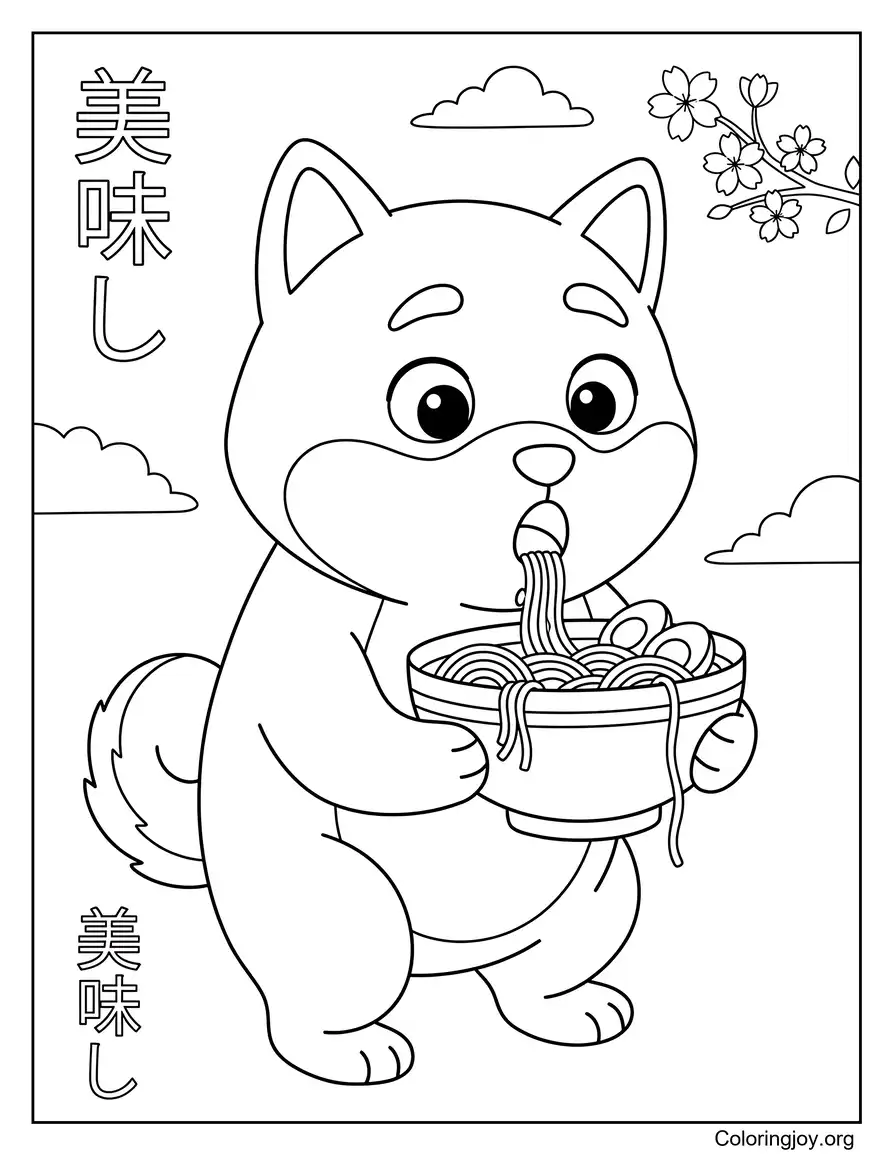 Shiba Inu Eating Ramen Coloring Page