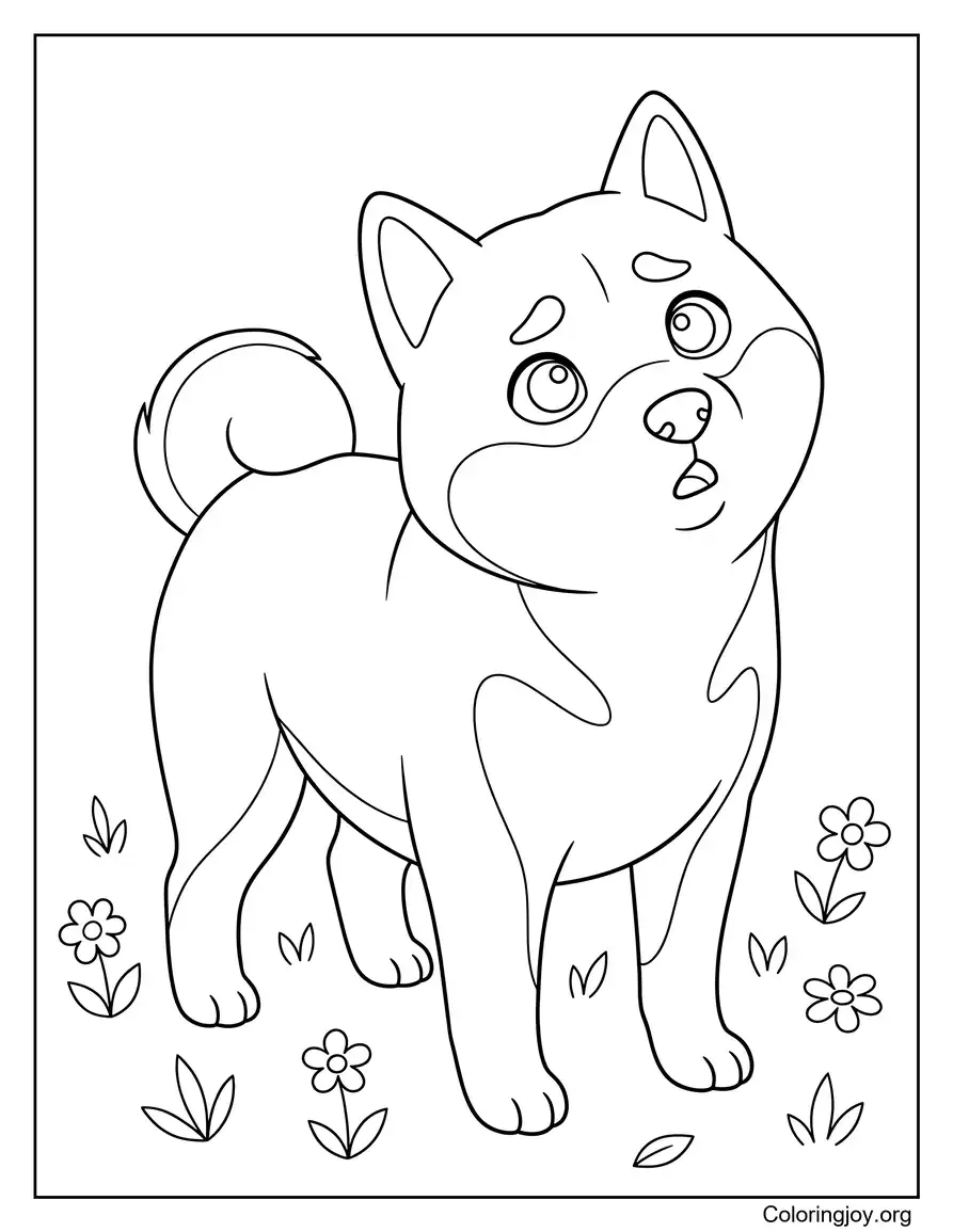 Shiba Inu in a Flower Field Coloring Page