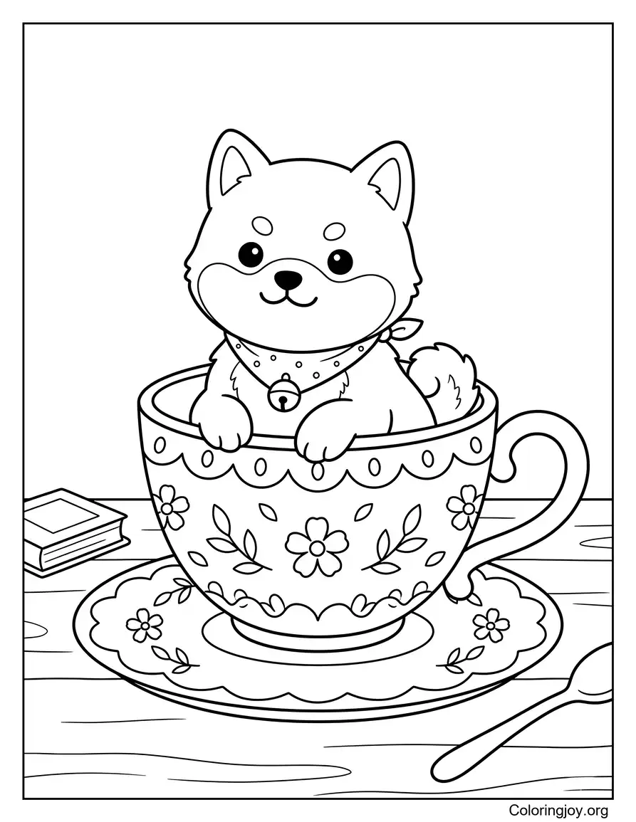 Cute Shiba Inu in a Teacup Coloring Page