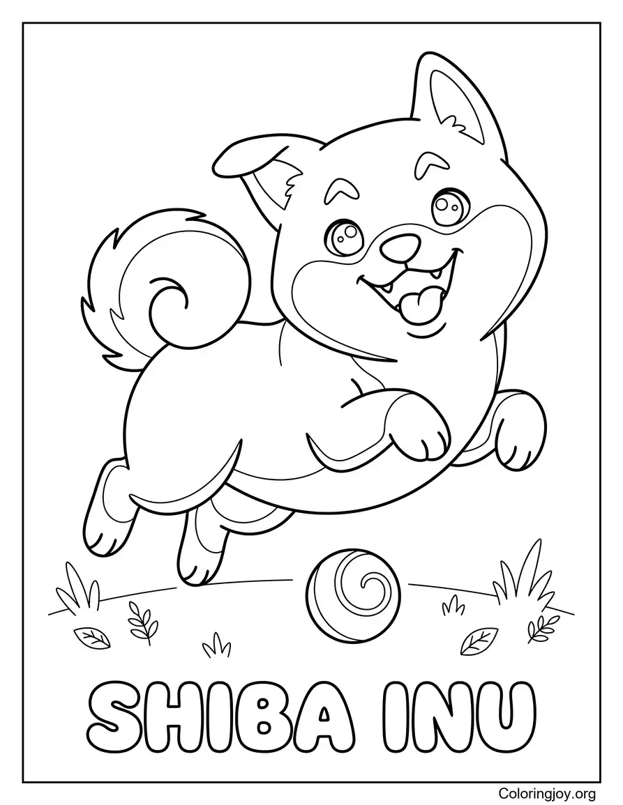 Shiba Inu Playing With a Ball Coloring Page